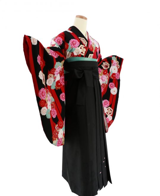 卒業式袴レンタルNo.671[KANSAI][人気柄]黒×ピンク矢絣・花の丸｜着物